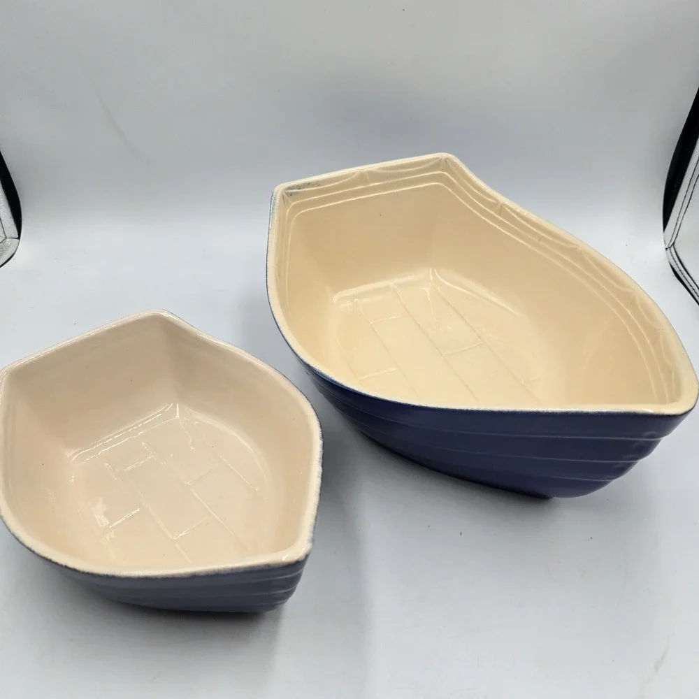 2 BCI Fabrique En Bretagne Pate Dish Baker Ceramic Boat Blue‎ France Vintage